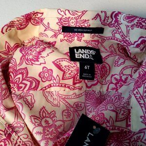 Lands End Womens No Iron Supima Shirt 6T Floral Print Pink & White Long Sleeve